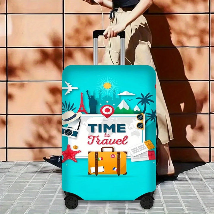 Unisex nan elastic motive suitcase protection in retro travel poster design with zipper and anti-slip attachment for spinner trolleys Kalsten