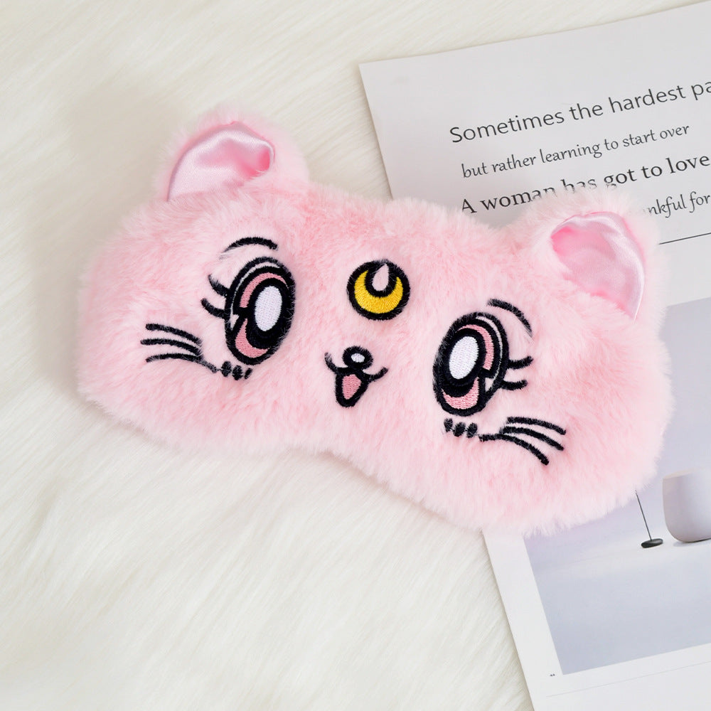 Women's fluffy sleep mask with embroidered cat design and soft comfort ears Kalsten