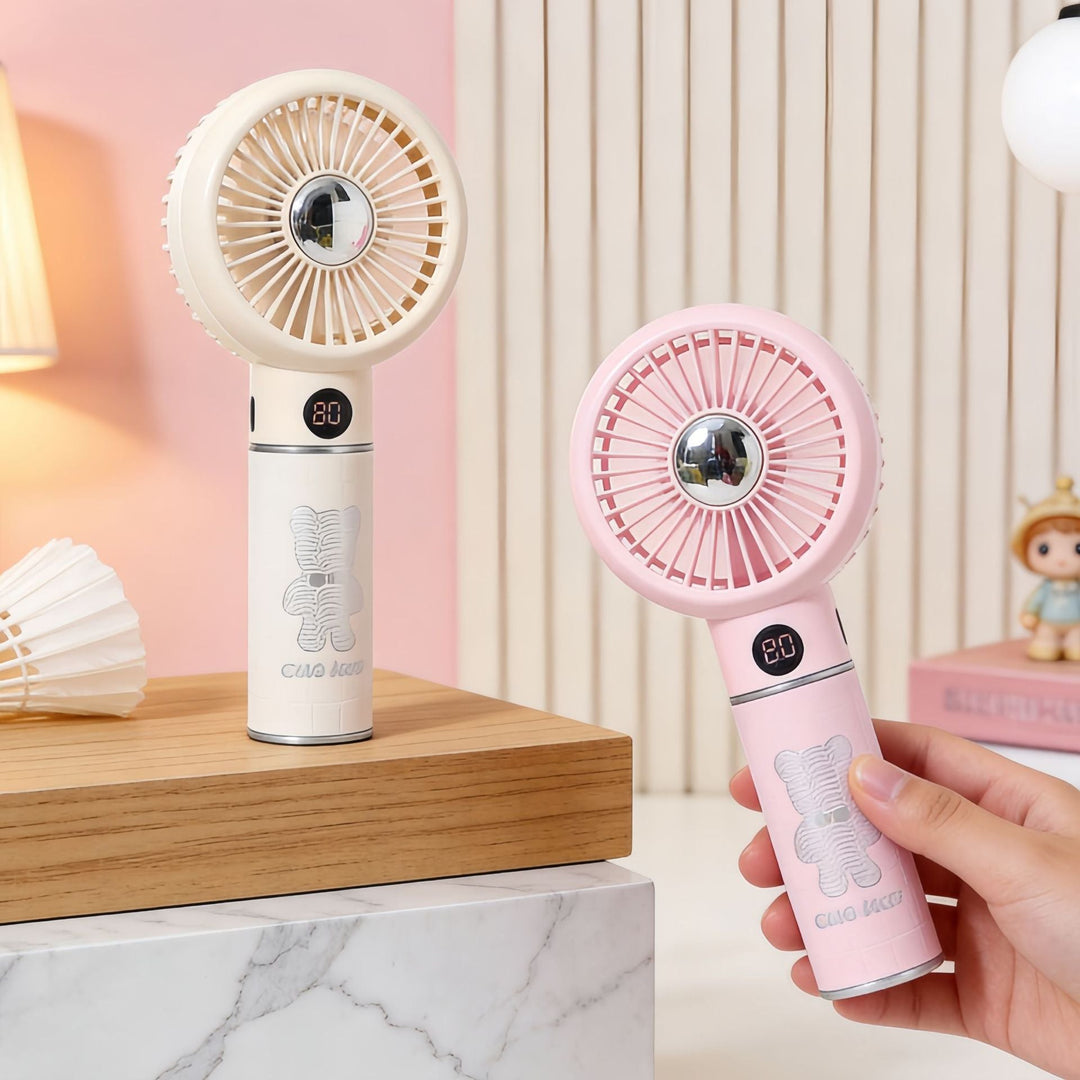 Ladies Portable Mini Hand Fan with Digital Temperature Display and Cute Bear Design Kalsten