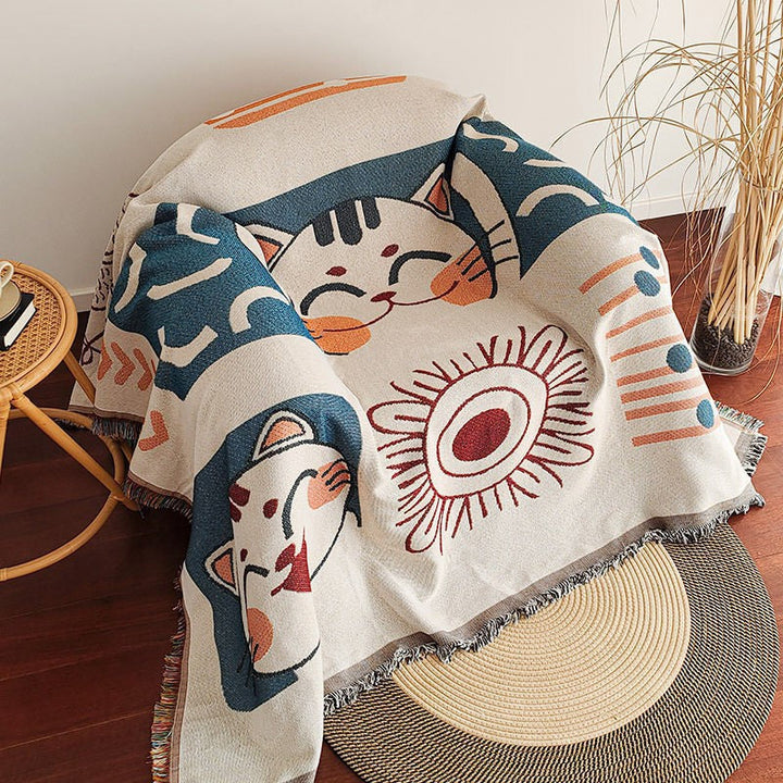 Graphic Jacquard Woven Fringe Throw Blanket With Cartoon Pop-Art Pattern