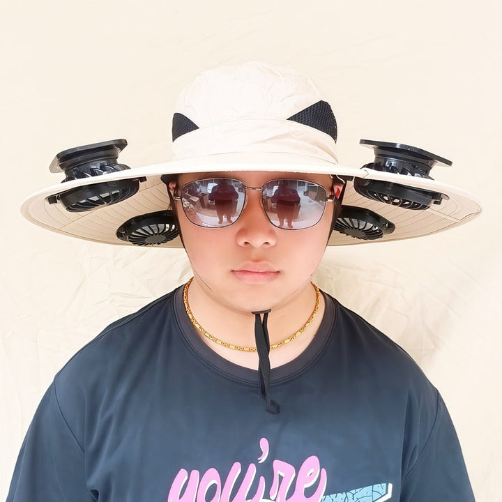 Wide-brimmed sun hat with detachable swivel solar fans and adjustable chin strap Kalsten