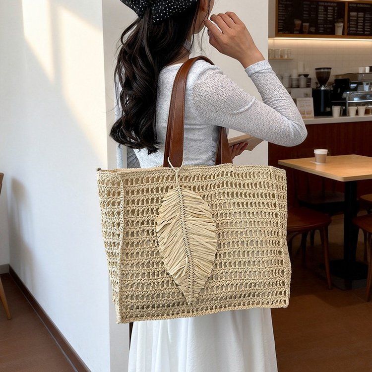 Macramé Beach Bag with Leather Accents Kalsten