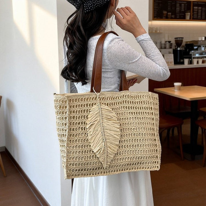 Macramé Beach Bag with Leather Accents Kalsten