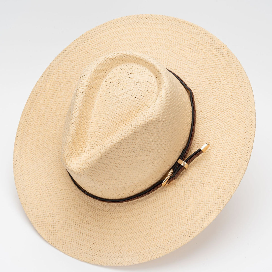 Straw Flat Brim Hat with Leather Trim | Kalsten
