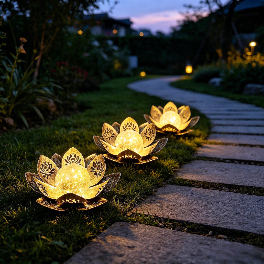 Decorative Solar Lotus LED Garden Lantern With Crackle Glass Globe And Laser-Cut Metal Petals Kalsten