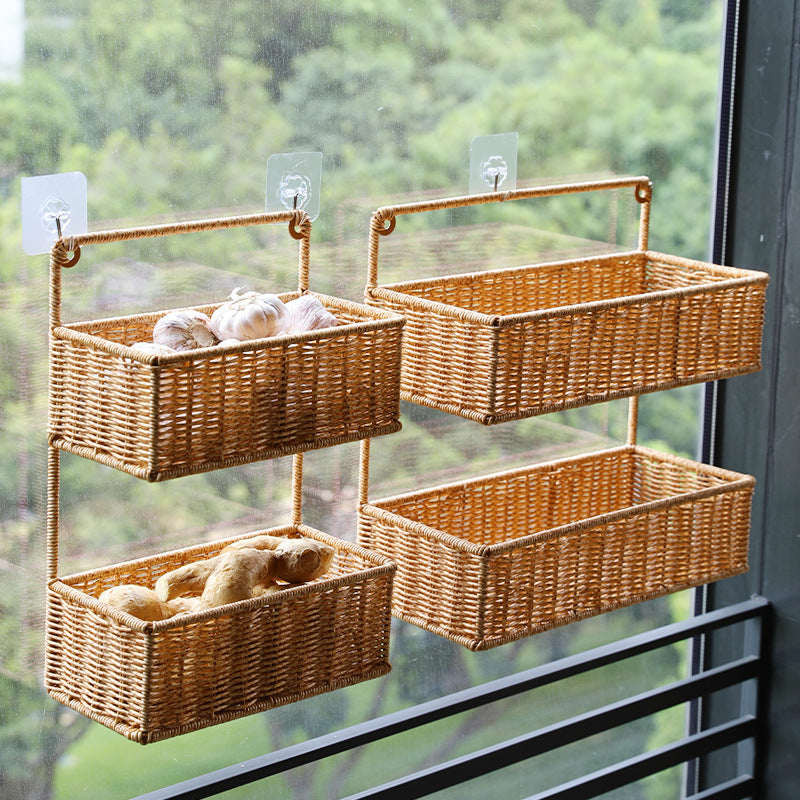 Double-Tier Woven Storage Basket with Handle Kalsten