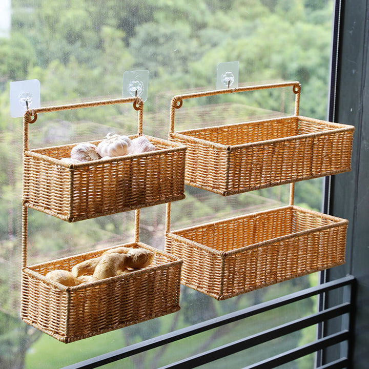 Double-Tier Woven Storage Basket with Handle Kalsten