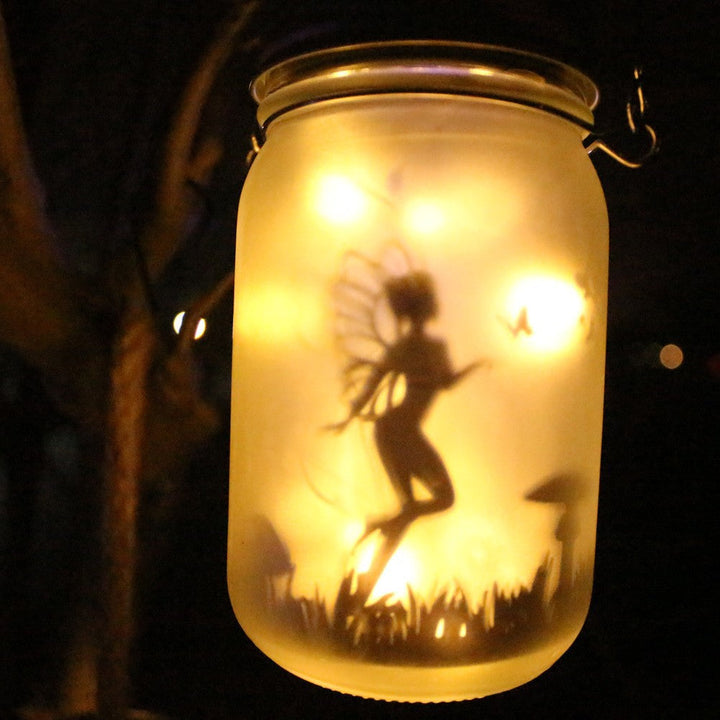 Hanging Frosted Mason Jar Solar LED Fairy Silhouette Lantern With Rope Handle And Dynamic LED String Kalsten