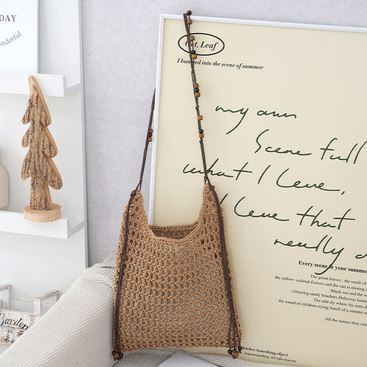 Handmade net tote bag with wooden accents Kalsten