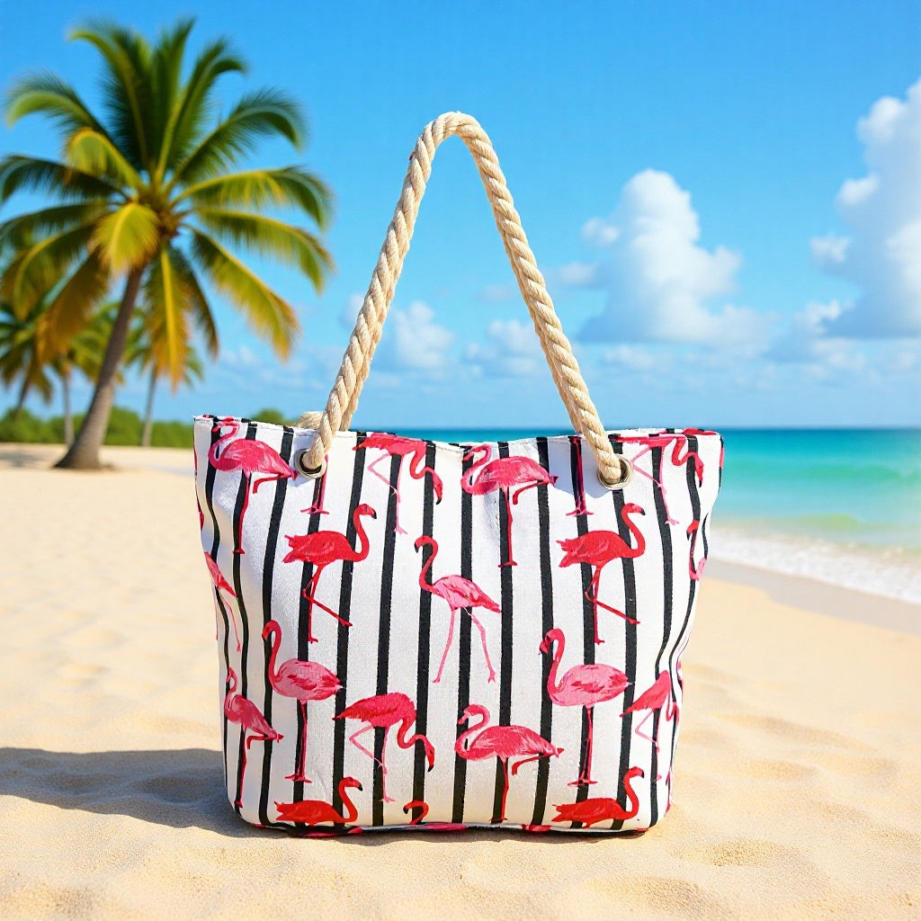 Beach bag with flamingo pattern and sturdy rope handles Kalsten
