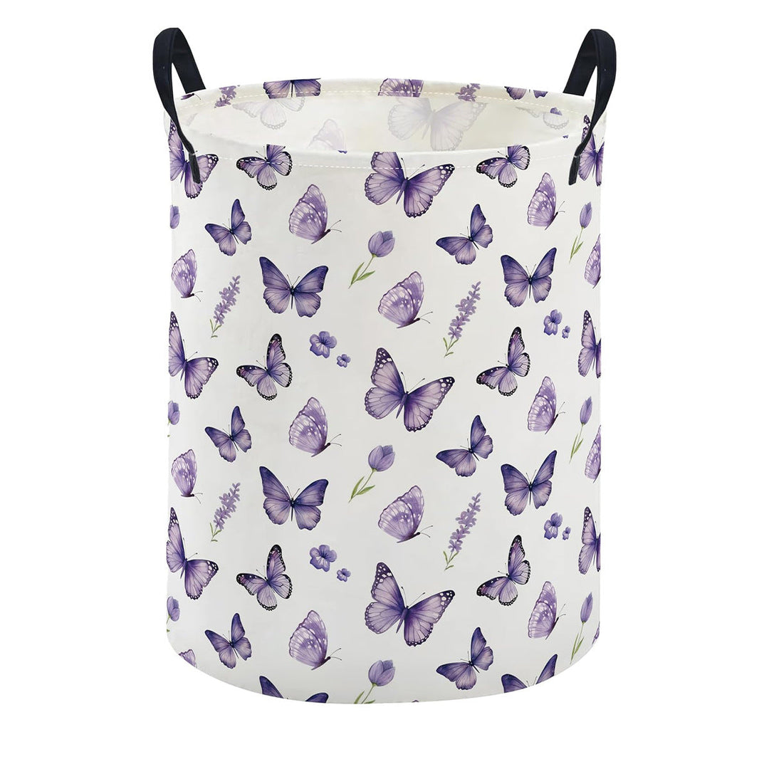 Collapsible Round Fabric Laundry Hamper With Butterfly Print Reinforced Carry Handles Waterproof Liner