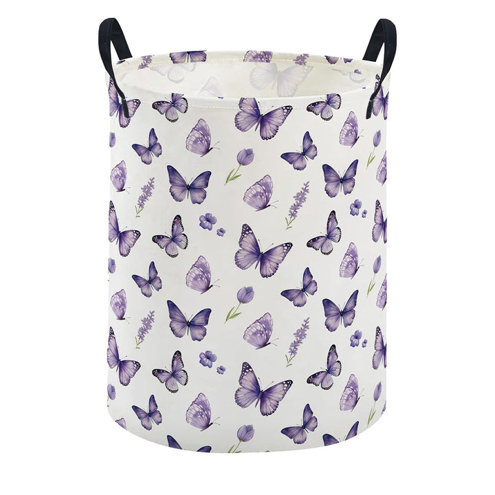 Collapsible Round Fabric Laundry Hamper With Butterfly Print Reinforced Carry Handles Waterproof Liner