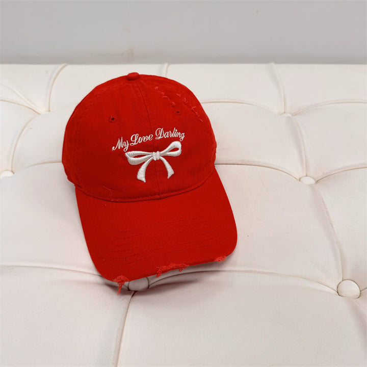 Women's Distressed Cotton Baseball Cap with Bow Embroidery Kalsten