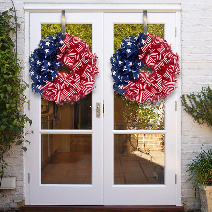 Unisex nan Americana star and stripe mesh front door wreath with full-bodied deco ribbon and over the door hanger Kalsten