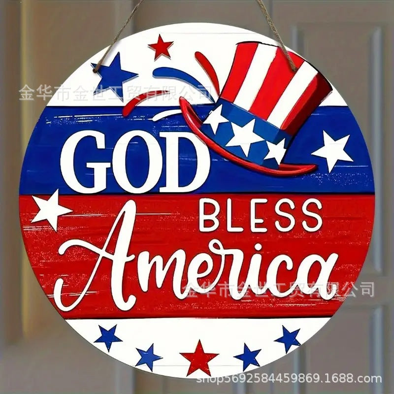 Independence Day rustic round wooden patriotic cross wall plaque with floral accents and God Bless America banner Kalsten