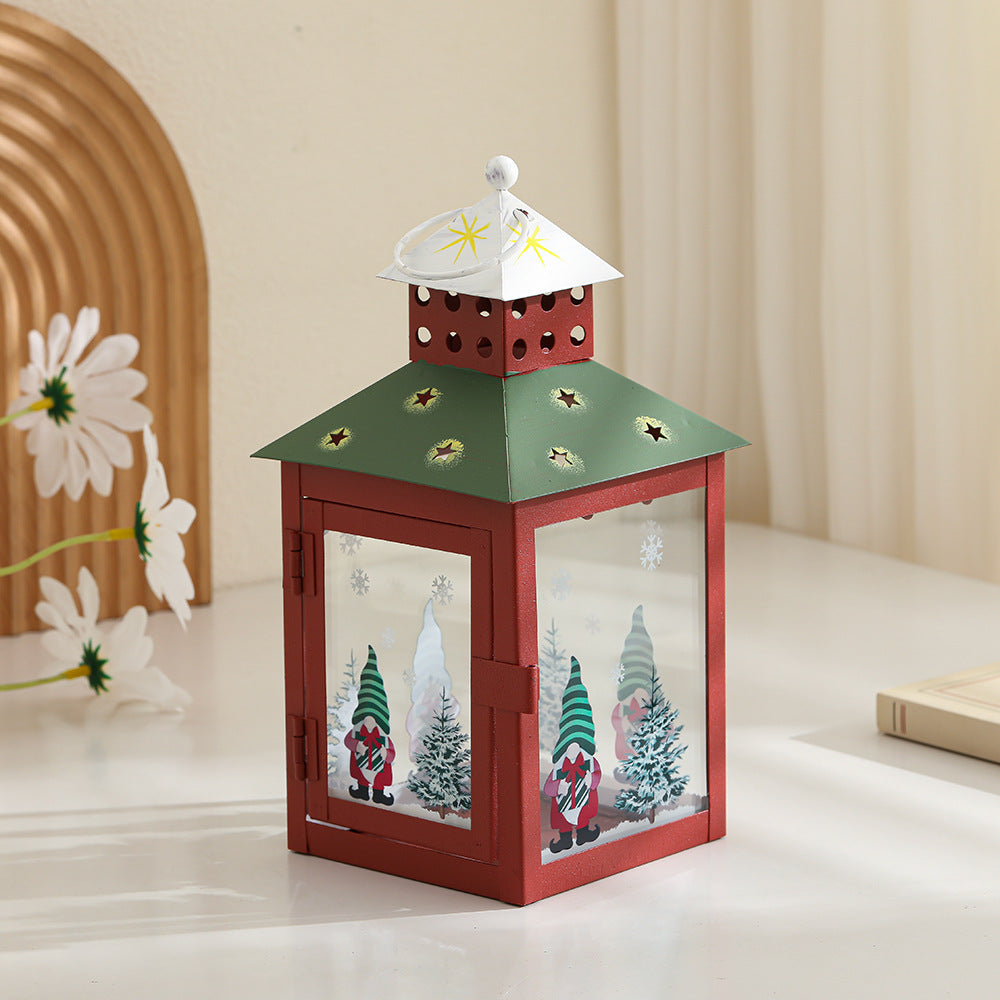 Decorative Holiday Tea Light Lantern with Glass Pane Gnome & Pine Motif Acalora