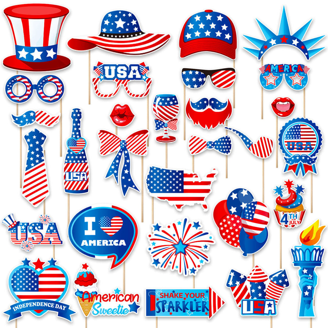 Independence Day Patriotic Photobooth Prop Sticker Kit with Wooden Sticks and Removable Adhesive Dots Kalsten