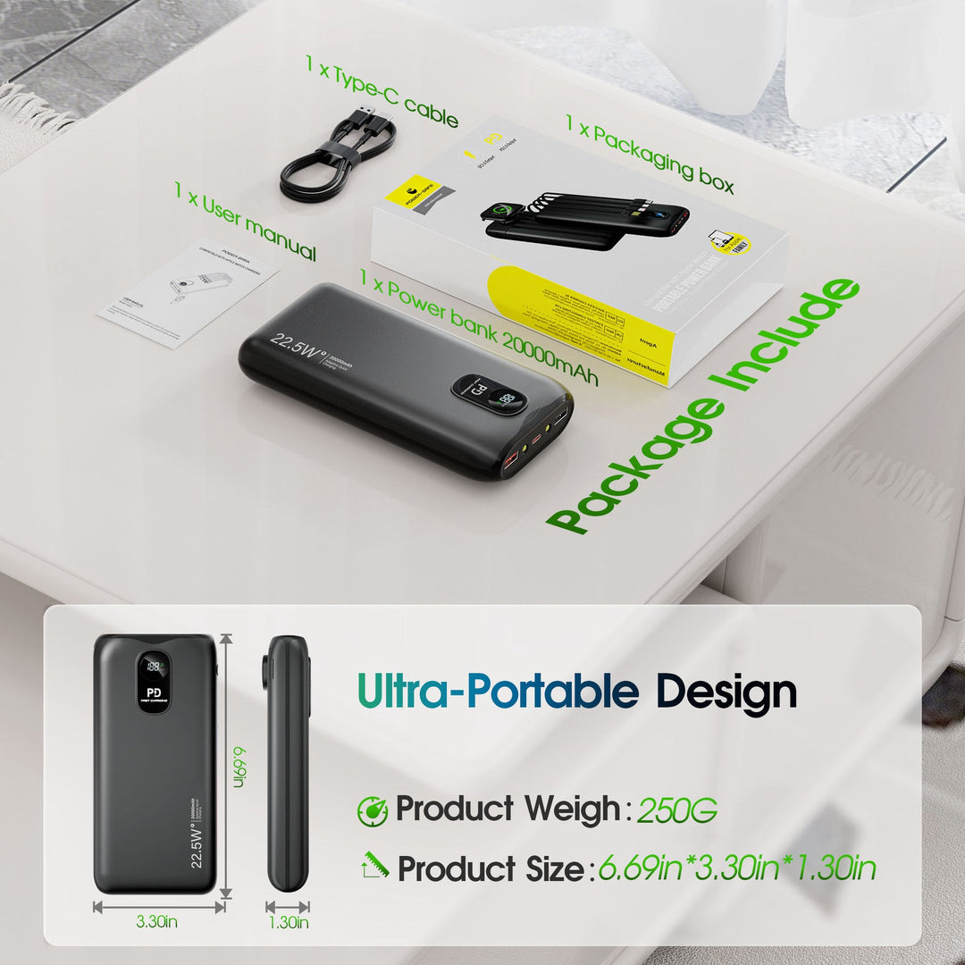 Portable power bank with integrated charging cables and LCD screen Kalsten