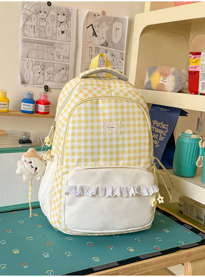 Adorable Gingham-Patterned Multi-Pocket School Backpack