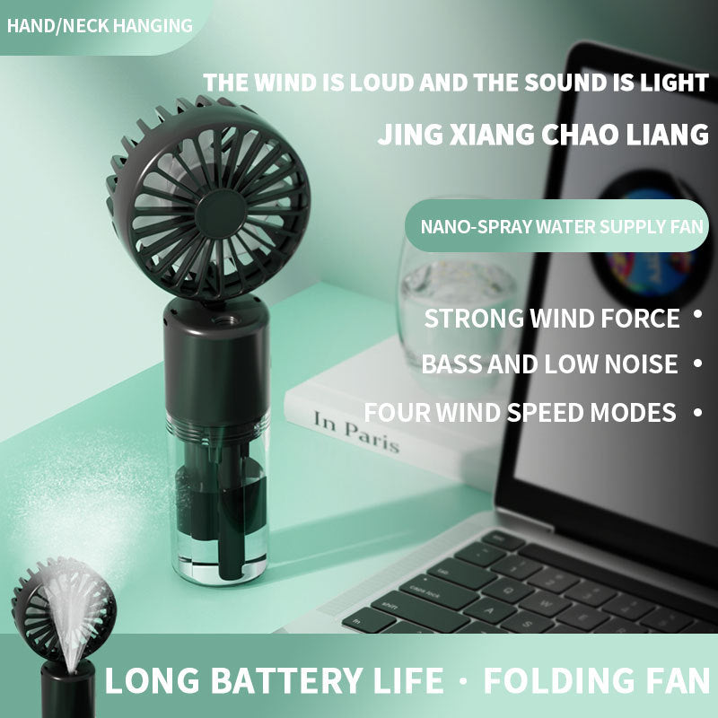 Cooling compact rechargeable folding misting handheld fan with transparent water reservoir detachable base and four speed brushless motor Kalsten