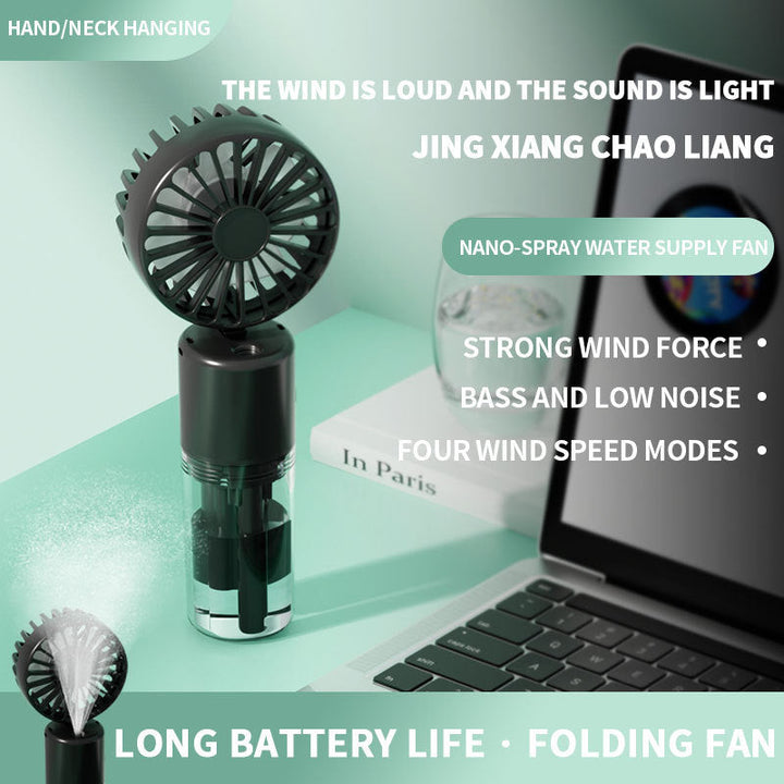 Cooling compact rechargeable folding misting handheld fan with transparent water reservoir detachable base and four speed brushless motor Kalsten