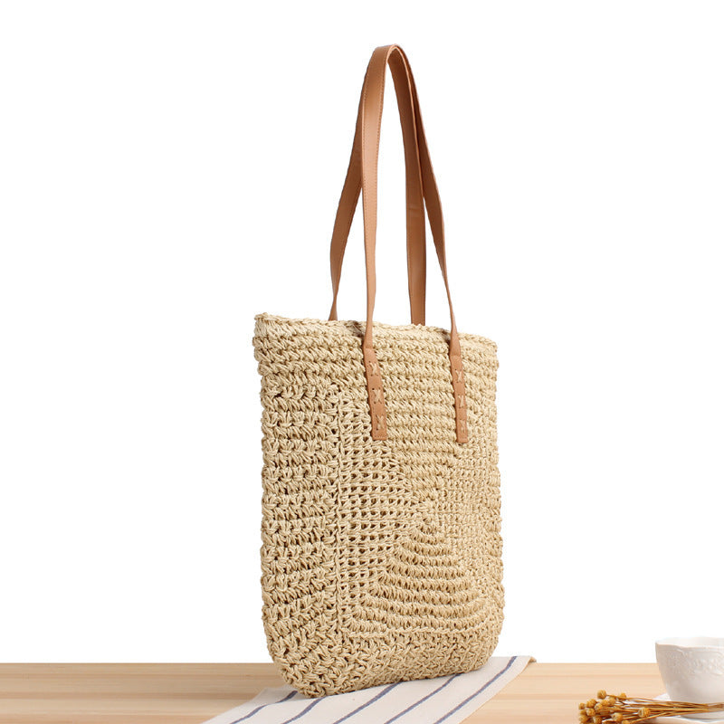 Natural bast shoulder bag with leather handles Kalsten