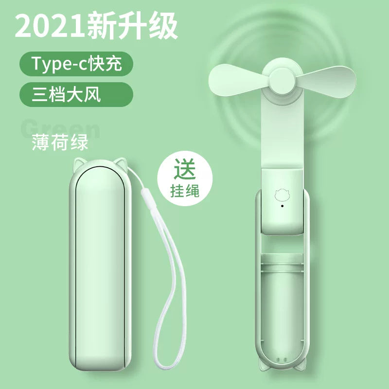 Unisex One Size Foldable Rechargeable Triple Handheld Mini Fan with Integrated Power Bank USB-C and USB-A Ports and Wrist Strap Kalsten