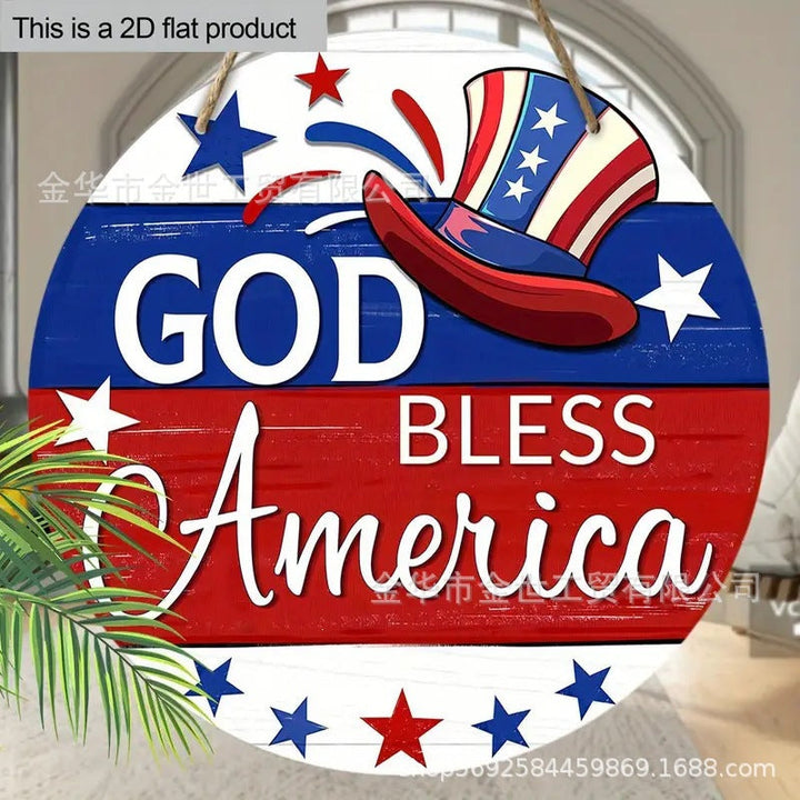 Independence Day rustic round wooden patriotic cross wall plaque with floral accents and God Bless America banner Kalsten