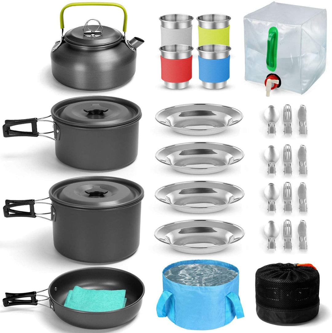 compact nesting anodized aluminum camping cookware kit with kettle nonstick pots frying pan foldable wash basin stainless steel plates cups Kalsten
