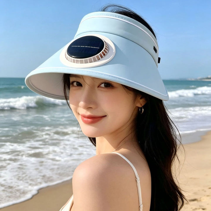Lightweight foldable sunshade with integrated solar module and quiet fan Kalsten