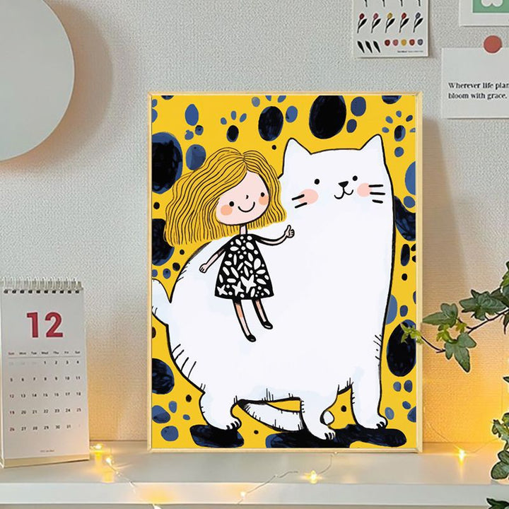 Playful Cat and Girl Illustration Canvas Art Kalsten
