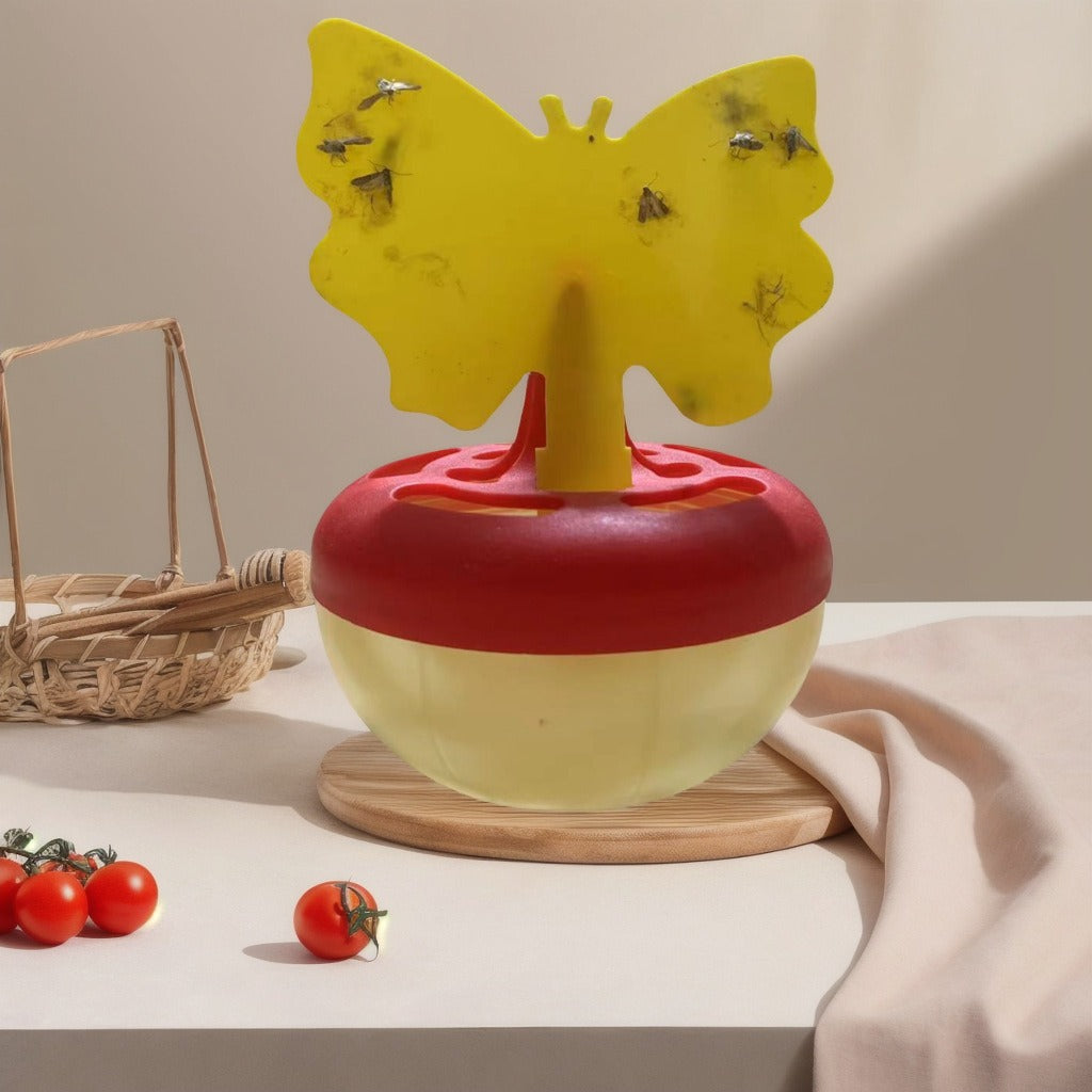 Butterfly-shaped sticky insect trap with refillable liquid reservoir and reusable base Kalsten