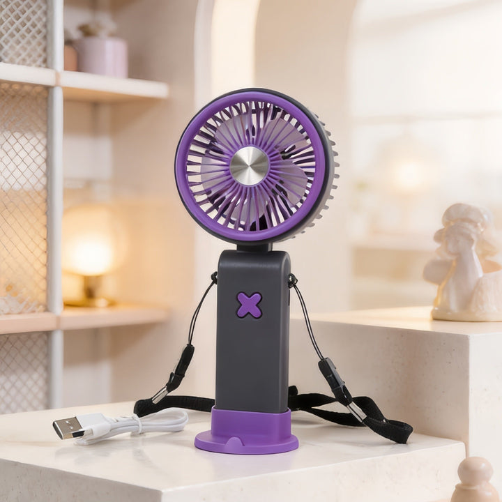 Unisex compact portable USB desk fan with rechargeable battery, adjustable tilt head and carrying strap Kalsten
