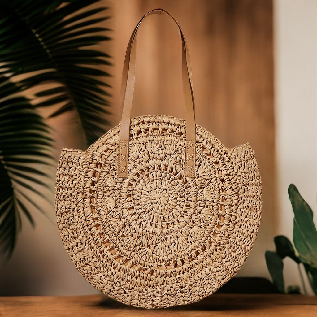 Handcrafted Round Straw Bag with Elegant Leather Handles Kalsten