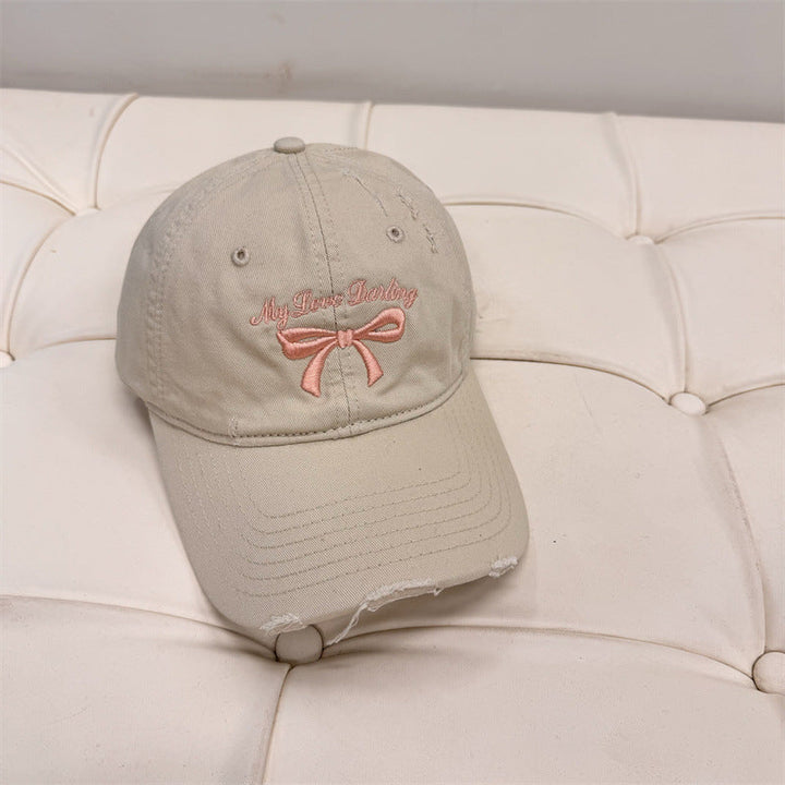 Women's Distressed Cotton Baseball Cap with Bow Embroidery Kalsten