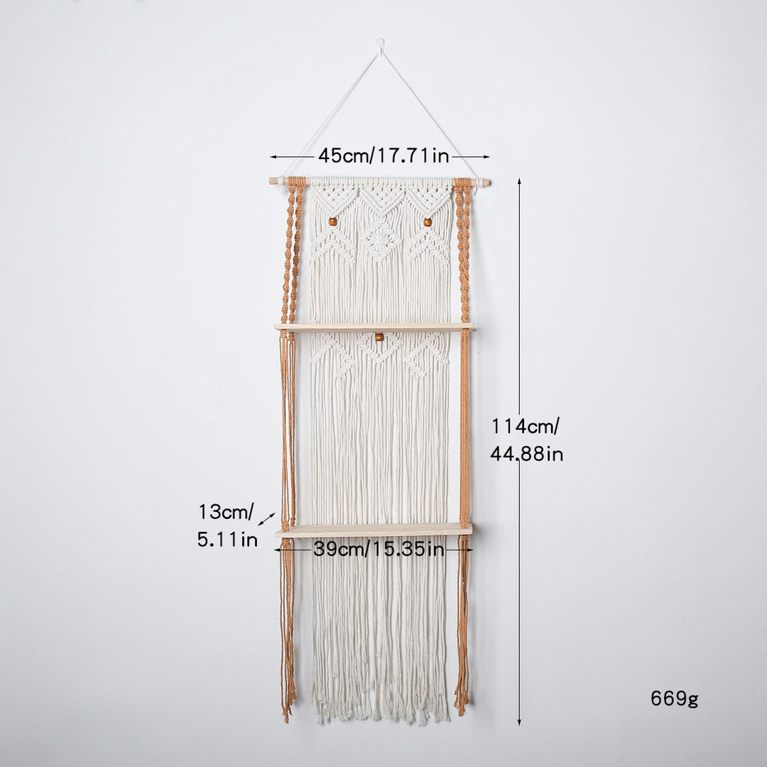Macrame Hanging Wall Shelf Organizer With Tiered Wooden Ledges And Decorative Fringe
