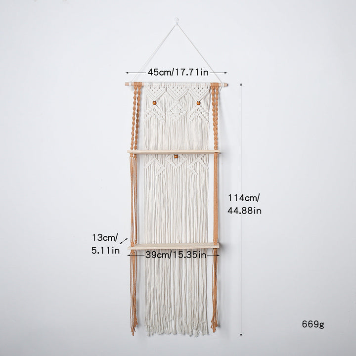 Macrame Hanging Wall Shelf Organizer With Tiered Wooden Ledges And Decorative Fringe