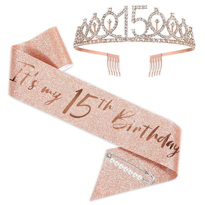 Women Crystal-Embellished Birthday Crown with Personalized Sash Kalsten