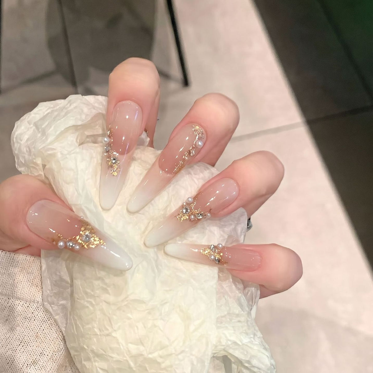 Elegant Stiletto Press-On Nail Art Set with Crystal and Pearl Accents Acalora