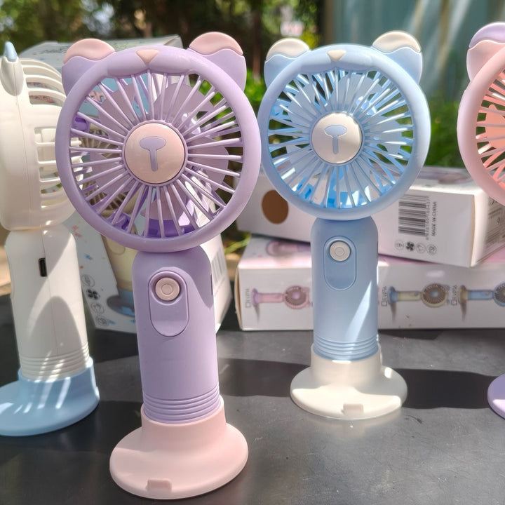 Unisex nan portable rechargeable handheld fan with bear-ear silicone frame foldable desk stand Kalsten