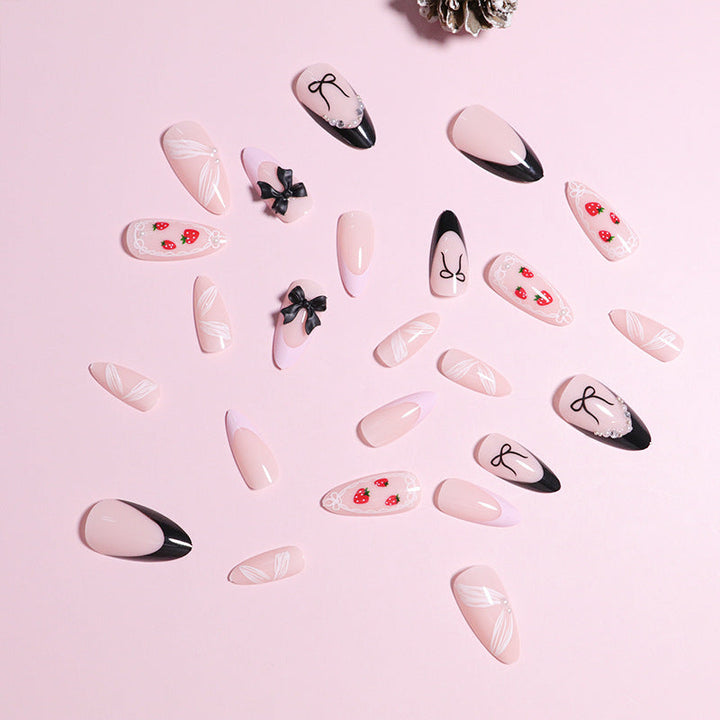 Artistic Press-On Nail Set with Bow and Berry Design Kalsten