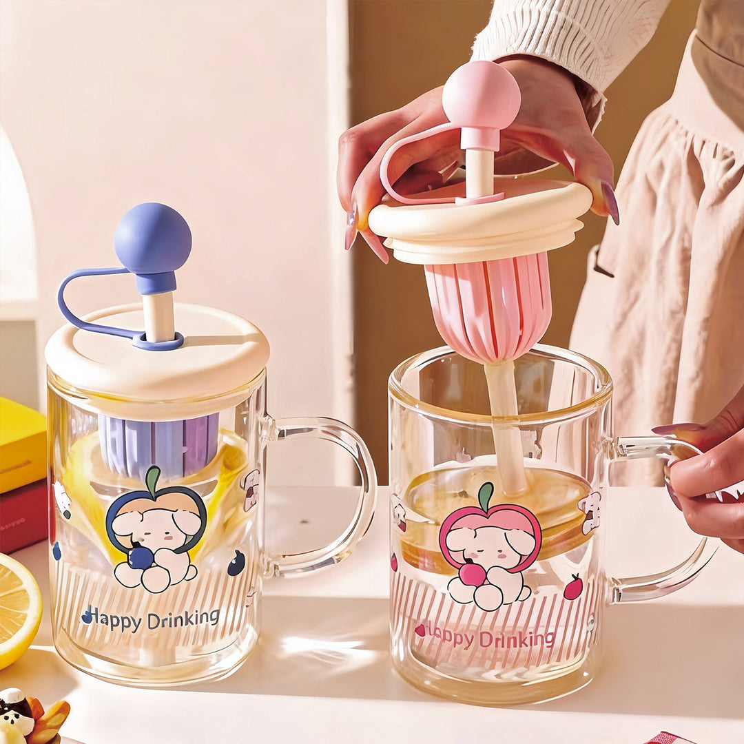 Ladies drinking glass with creative silicone lid and integrated straw Kalsten