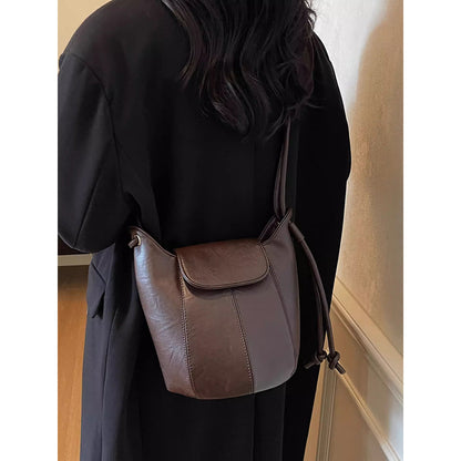 Vintage-Inspired Leather Drawstring Bucket Bag Acalora