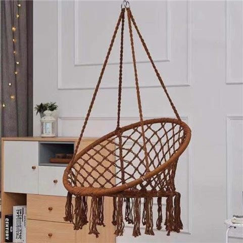 Macrame hanging chair with complete ceiling mounting kit and decorative tassel fringe Kalsten