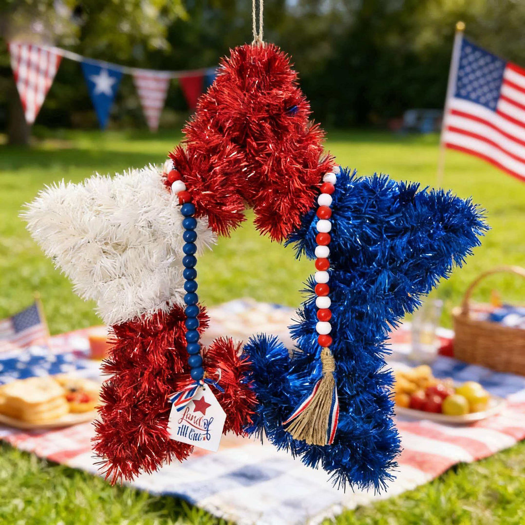 Unisex nan patriotic star door wreath made of artificial tinsel with wooden bead tassel and hanging pendant Kalsten