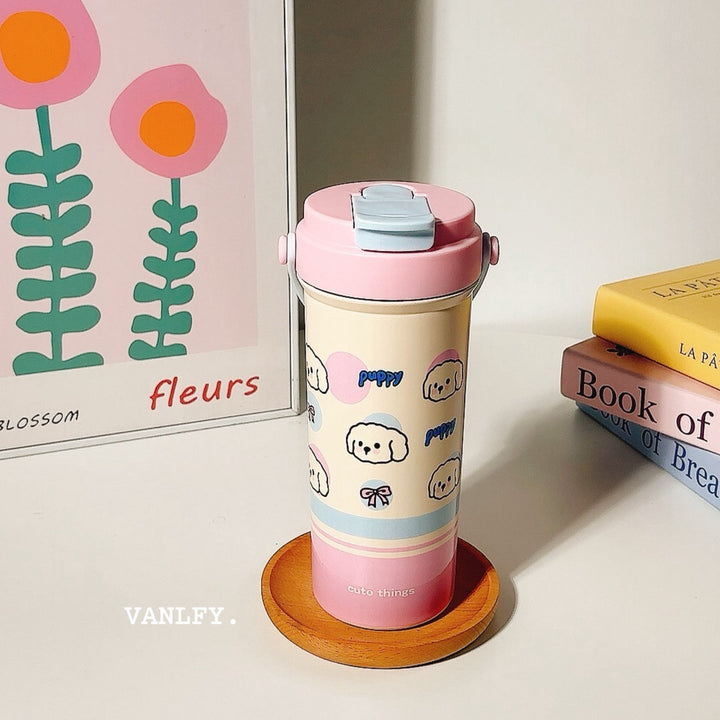 Women's insulated drinking cup with secure flip lid and cute dog design Kalsten
