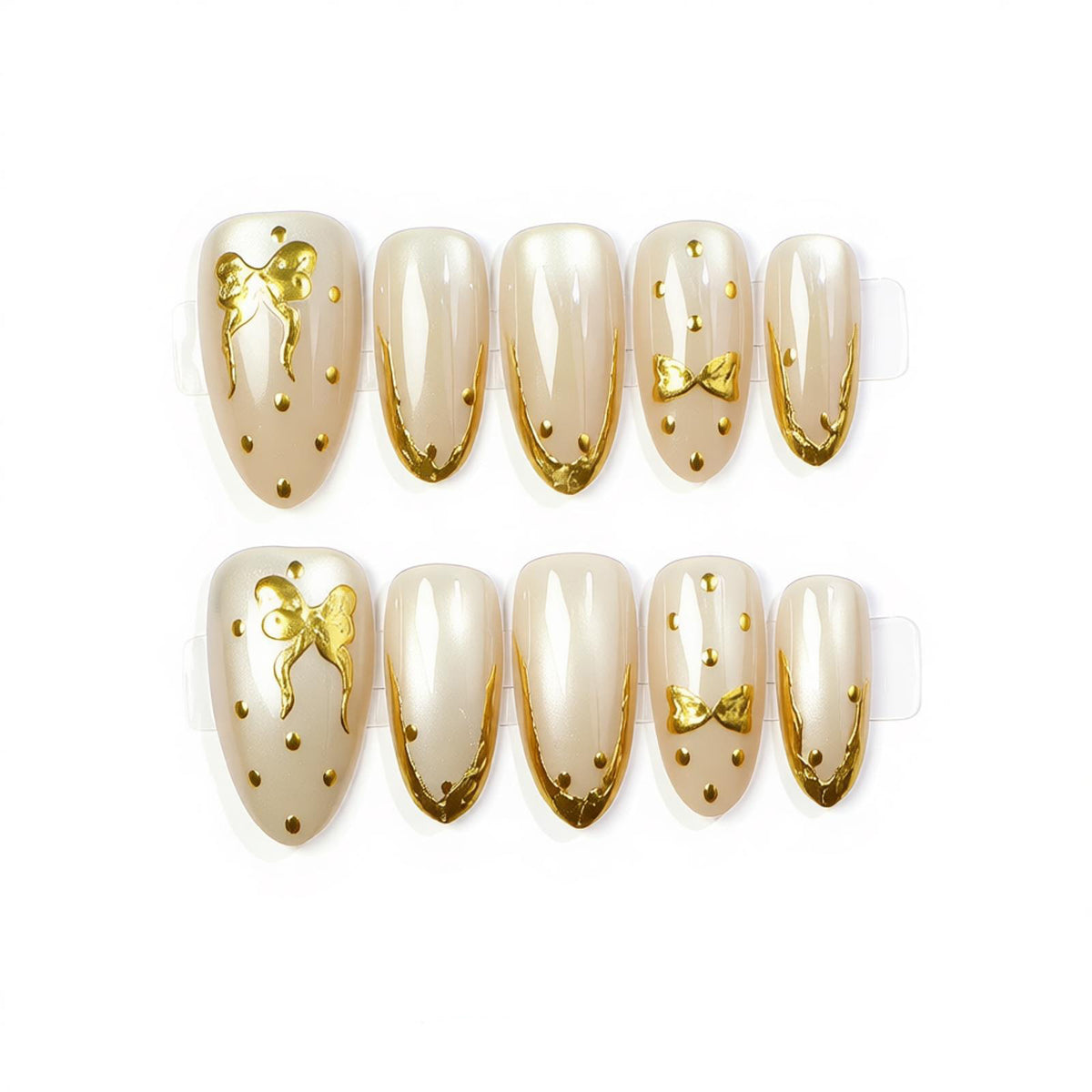 Elegant Press-On Nail Art with Golden Bow Accents Acalora