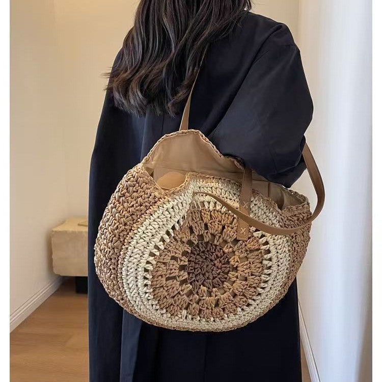 Macrame Beach Bag with Brown Leather Handles Kalsten