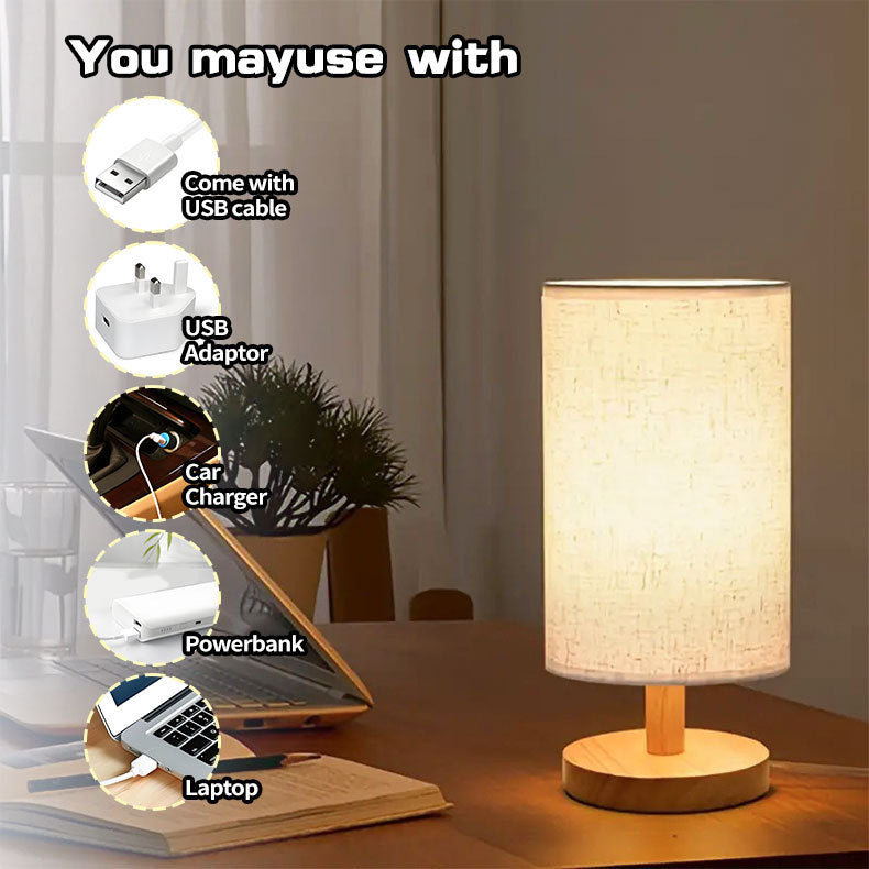 USB Solid Wood Fabric Table Lamp | Kalsten
