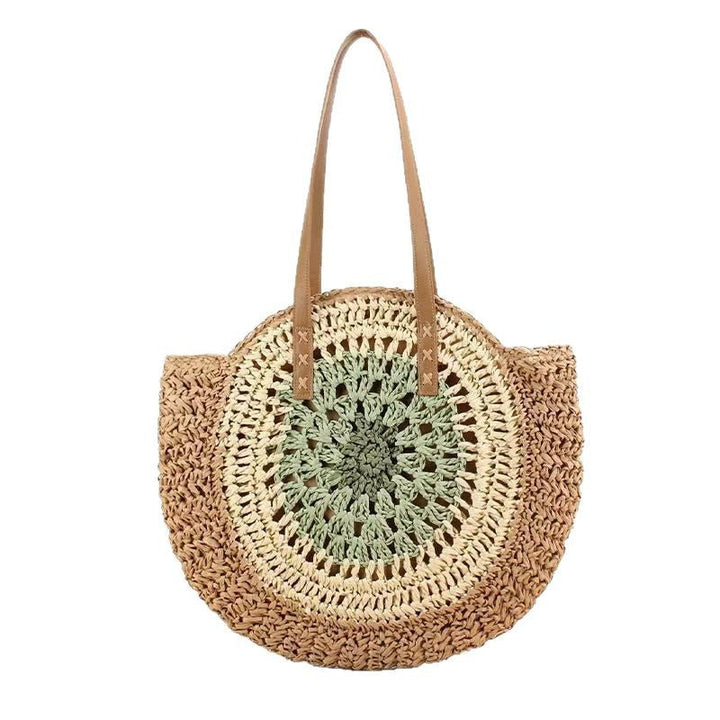 Macrame Beach Bag with Brown Leather Handles Kalsten